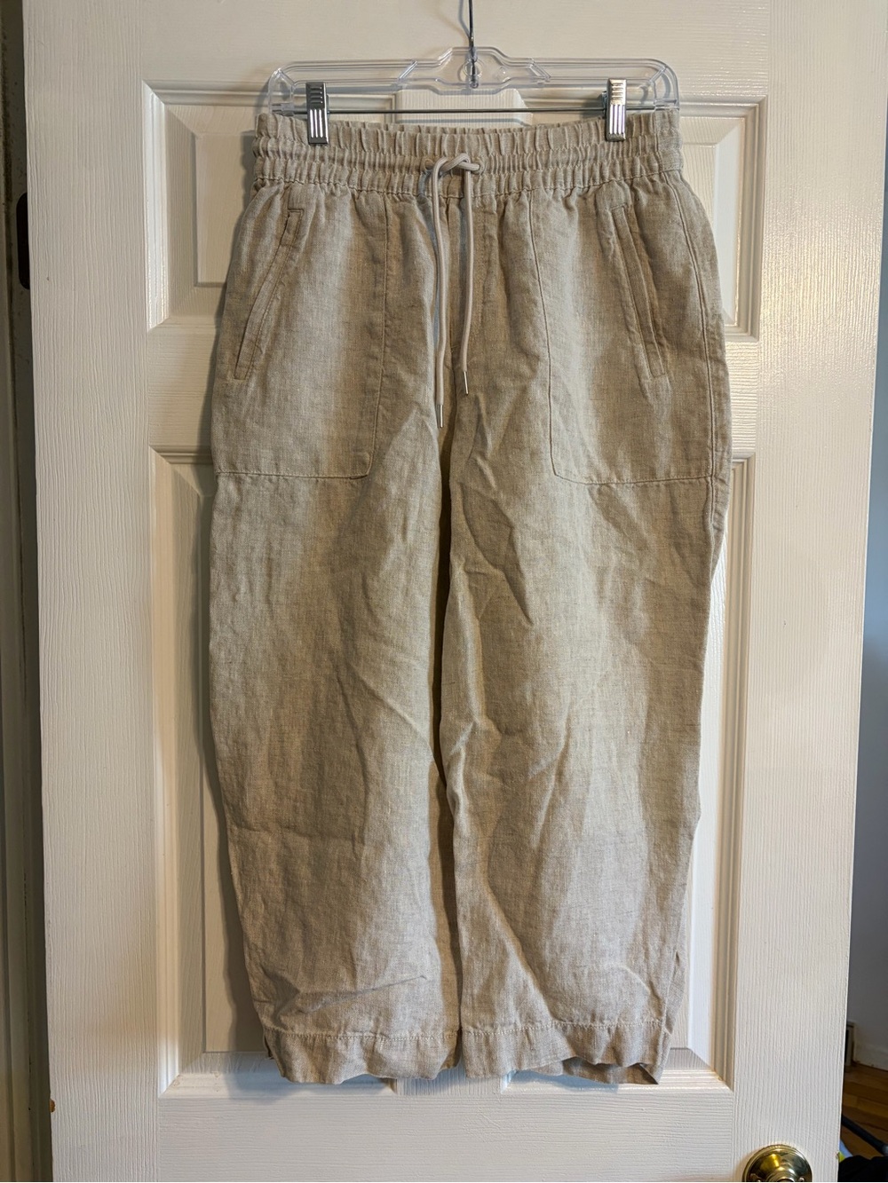 Athleta Oatmeal Beige 100% Linen Wide Leg Crop Pants S Drawstring Pockets